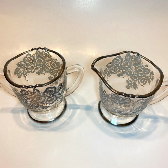 Vintage Glass Sugar and Creamer Silver Floral Overlay - Picture 5 of 5